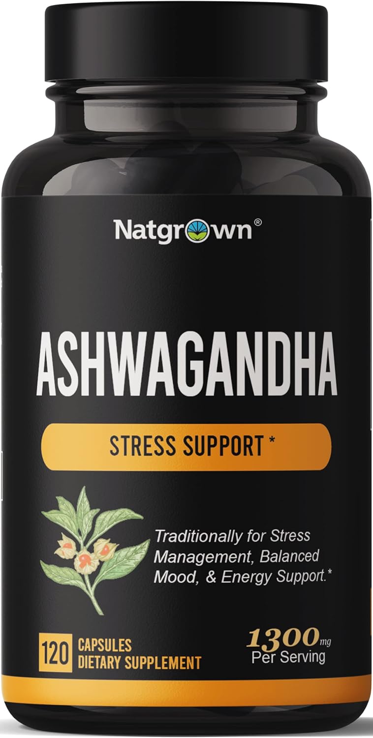 Natgrown Organic Ashwagandha Root Powder Capsules 1300 mg – Stress Relief, Mood Enhancer & Natural Energy Support Supplement for Men and Women – Vegan Pills