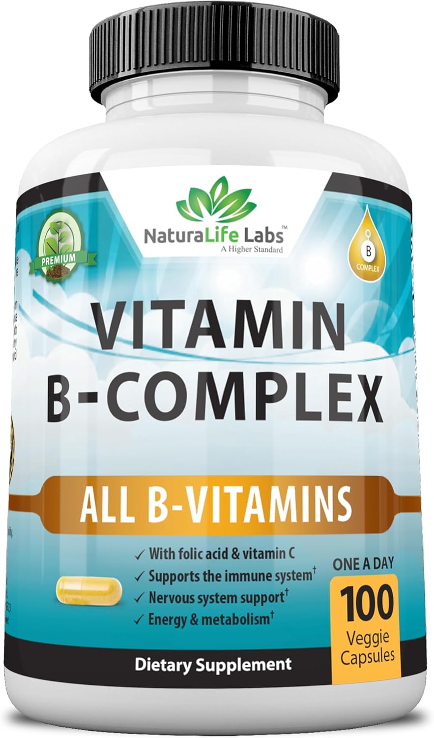 NaturaLife Labs A Higher Standard Vitamin B Complex with Vitamin C and Folic Acid – B12, B1, B2, B3, Vitamin B5 Pantothenic Acid, B6, B7, B9 – Nervous System Support 100 Veggie Capsules