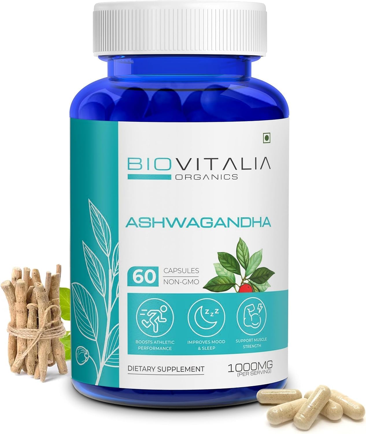 Natural Ashwagandha Capsules 1000mg Herbal Sleep Aid Supplement for Men & Women Adults, Helps Fight Stress Support Energy & Mood, Promote Mind Restfulness – 60 Vegan Capsule