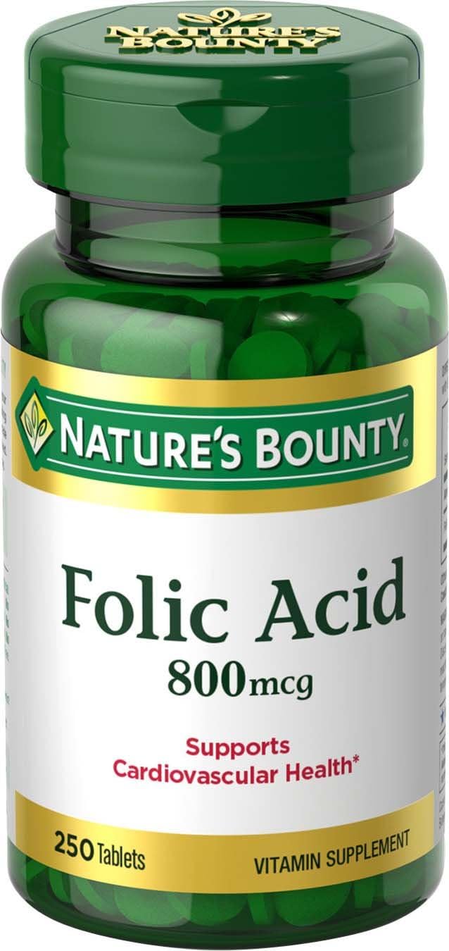 Nature’s Bounty Folic Acid Supplement, Supports Cardiovascular Health, 800mcg, Tablet 250 Count(Pack of 3)