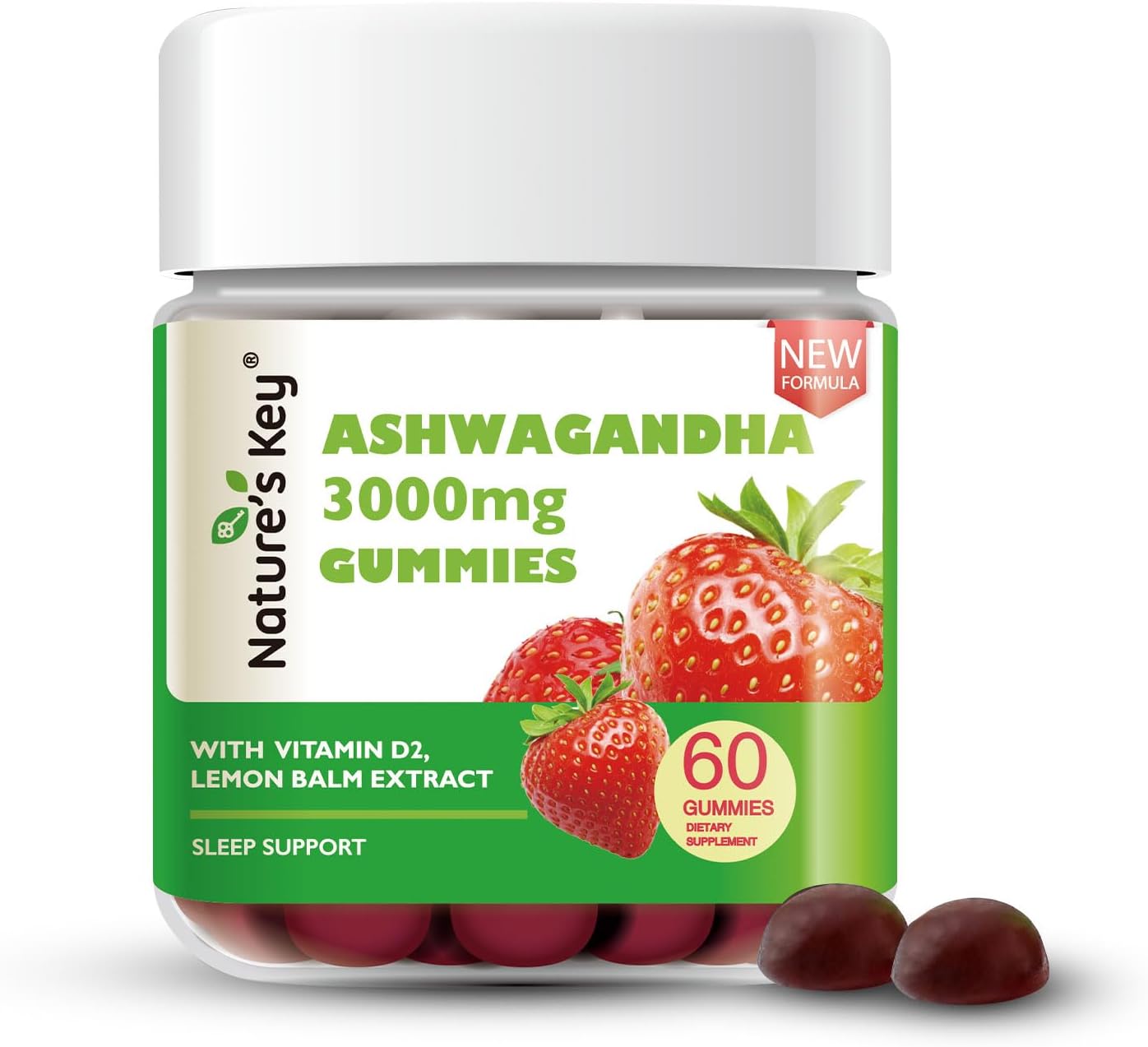 Nature’s Key Upgraded 2.0 Ashwagandha Gummies, 3000mg Extra Potency Ashwagandha Supplement | with Vitamin D2, Lemon Balm, & Black Pepper ，for Stress Relief and Good Sleep (60 Count, Pack of 1)