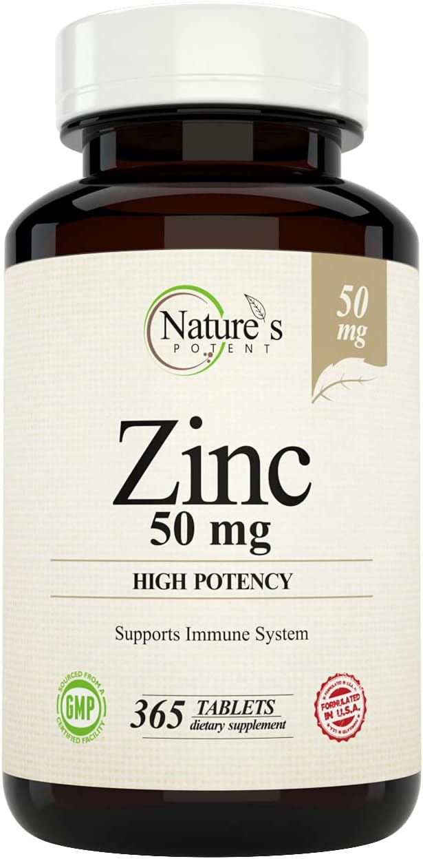 Nature’s Potent Zinc 50 mg, Immune Support Supplement – High Potency for Maximum Immune & Antioxidant Health – Made in USA from Natural Zinc Oxide – 365 Tablets (1 Year Supply)