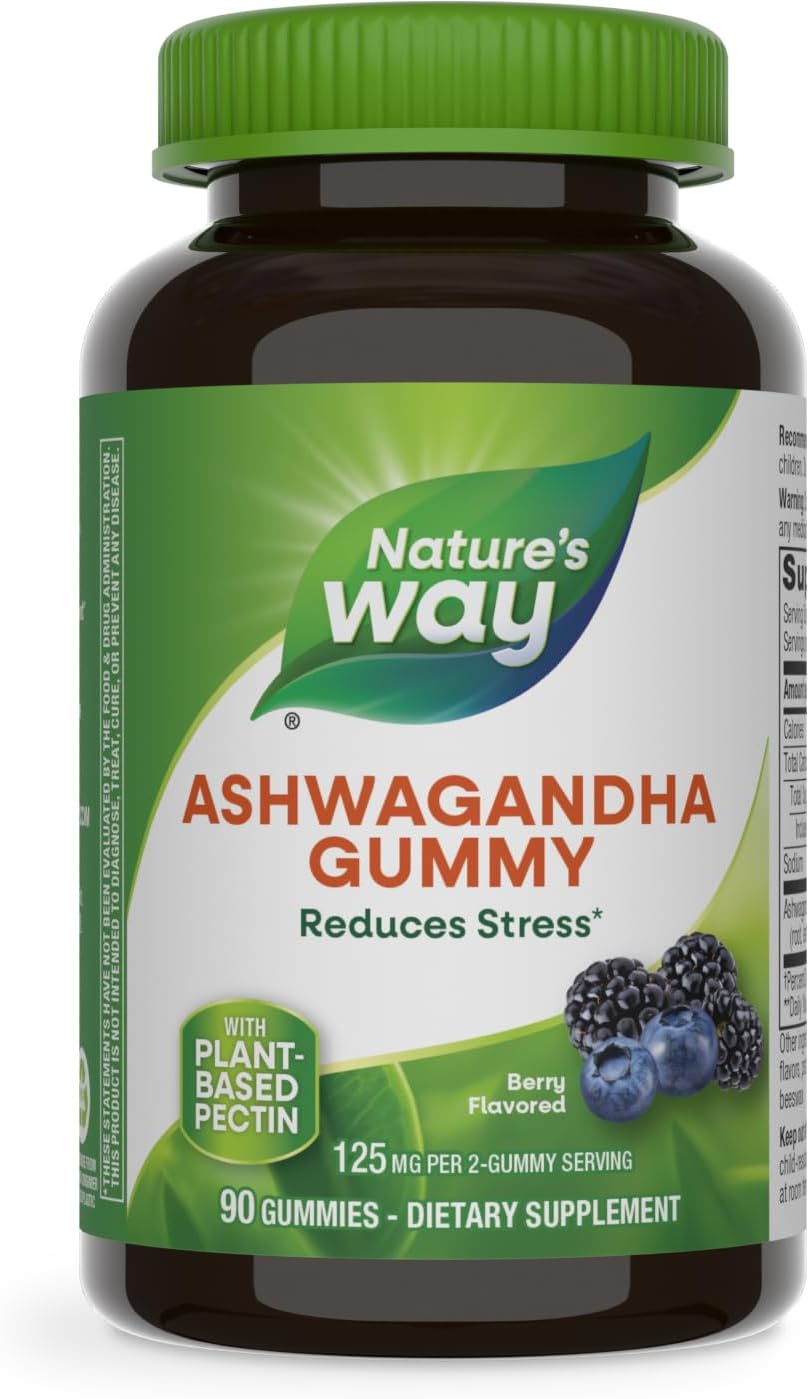 Nature’s Way Ashwagandha Gummies, Reduce Stress with Adaptogenic Herb*, 125 mg Per 2-gummy Serving, Berry Flavored, 90 Gummies (Packaging May Vary)