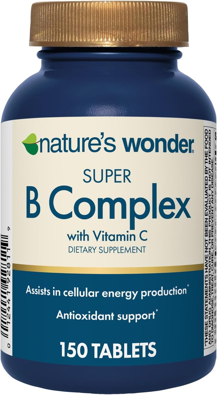 Nature’s Wonder Super B Complex with Vitamin C, Vitamin B12, & Folic Acid – Supports Energy Metabolism, Immune Function, Nervous System, Skin & Muscle Health, 150 Tablets
