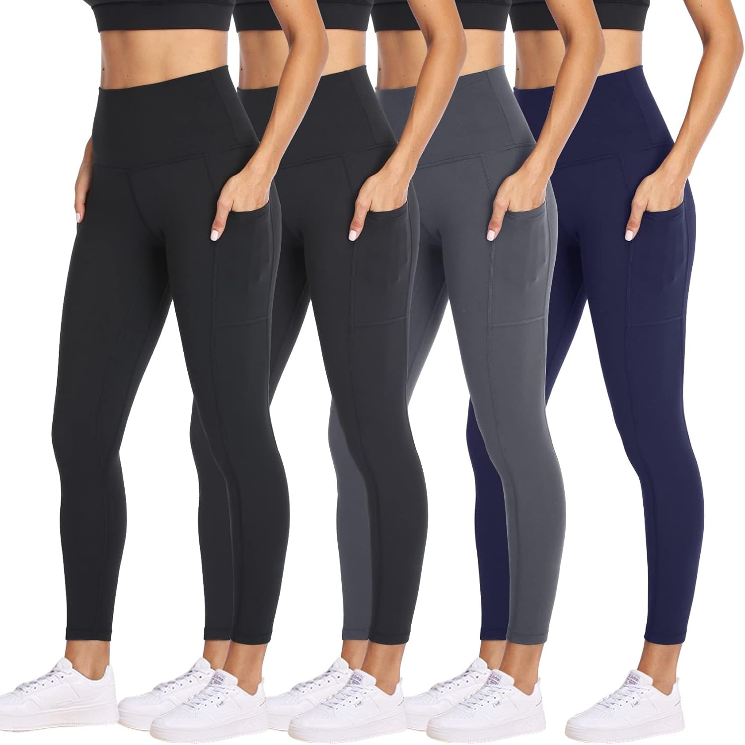 NexiEpoch 4 Pack Leggings for Women with Pockets- High Waisted Tummy Control for Workout Running Capri Yoga Pants