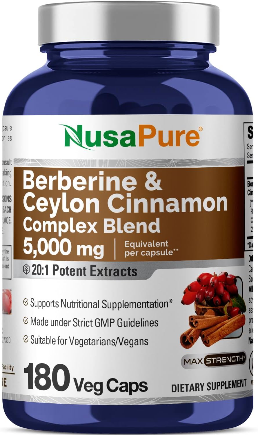 NusaPure Berberine with Ceylon Cinnamon 5000mg 180 Veggie Capsules, Vegetarian, Non-GMO Supplement, (Berberine Complex)