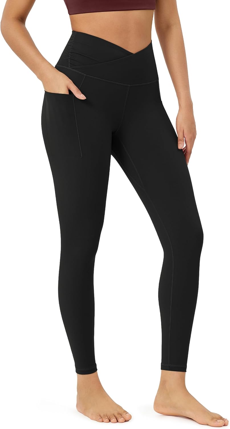 ODODOS Women’s Gathered Cross Waist Yoga Leggings with Pockets, 25″ / 28″ Crossover Workout Yoga Pants