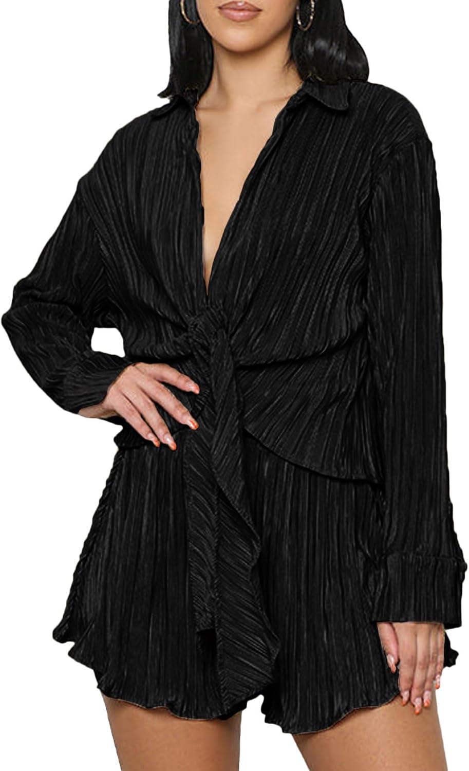 OPOIPIN Women’s 2 Pieces Outfits Pleated Deep V Neck Tie Front Long Sleeve Blouse with Shorts