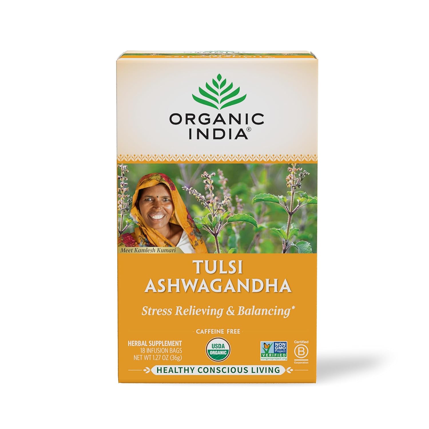ORGANIC INDIA Calming Tulsi Ashwagandha Tea – Organic Tea Bags, Holy Basil Tea, Vegan, USDA Certified Organic, Non-GMO, Caffeine Free Tea – 18 Infusion Bags, 1 Pack