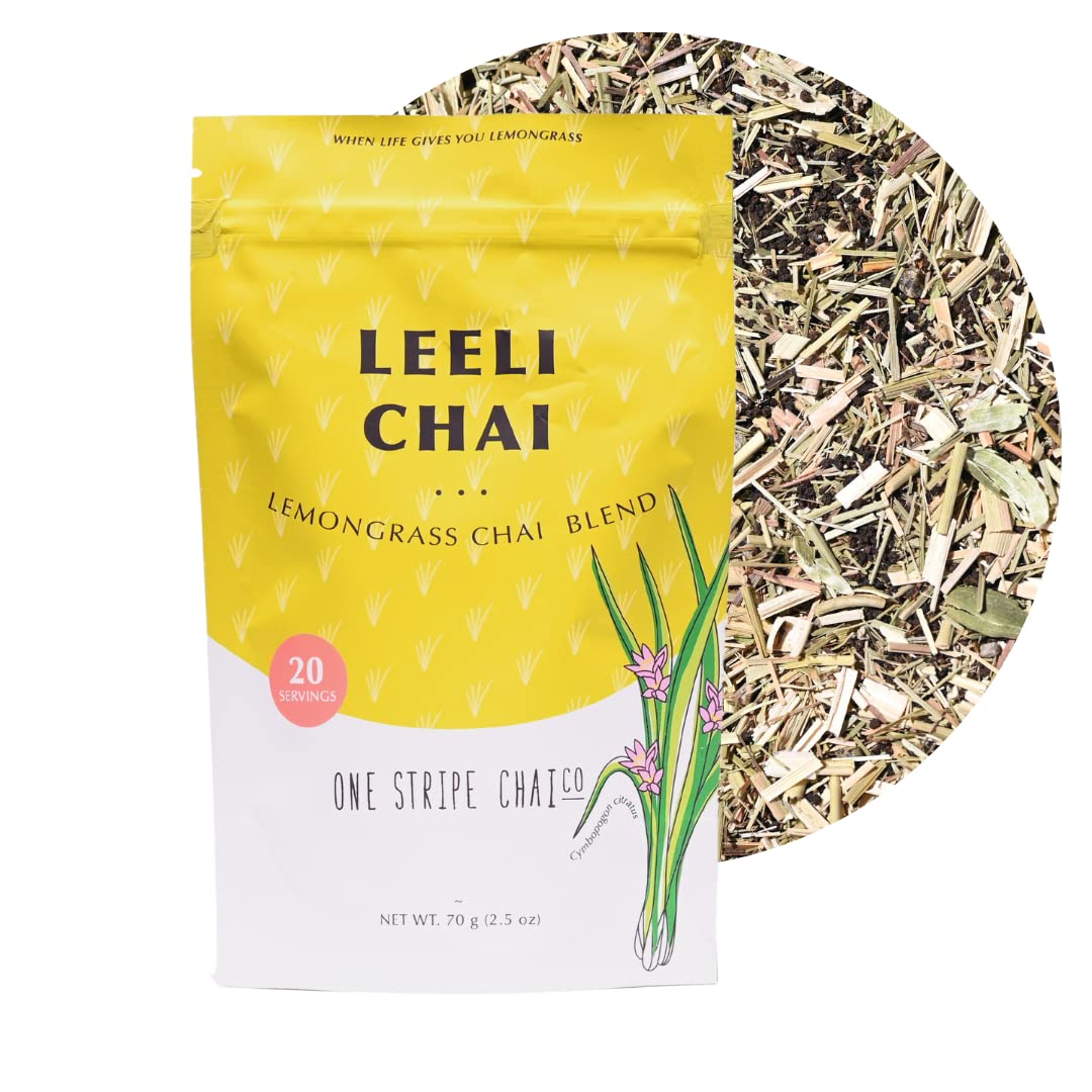 One Stripe Chai Lemongrass Loose Leaf Tea, Leeli Chai Blend, Assam Black Tea, Masala Chai, Lemon Grass & Cardamon Tea, Organic, Chai Tea Gift, 20 Servings (70 Gram Bags, 2.5 Ounce)