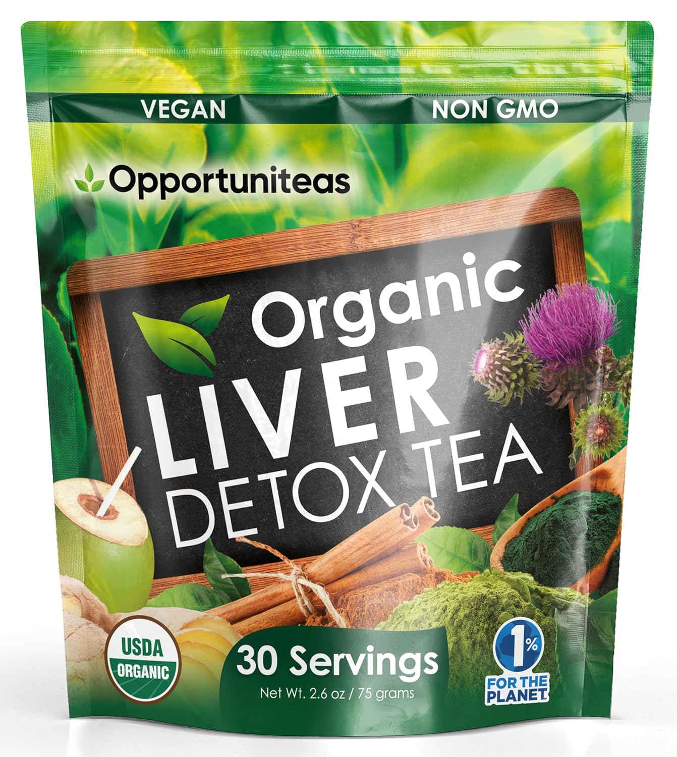 Opportuniteas Organic Liver Detox Tea Powder – Matcha Green Tea, Milk Thistle, Coconut Water, Spirulina, Ginger, & Cinnamon – Boost Energy, Feel Better – Liver Care Support Supplement, Vegan, Non GMO
