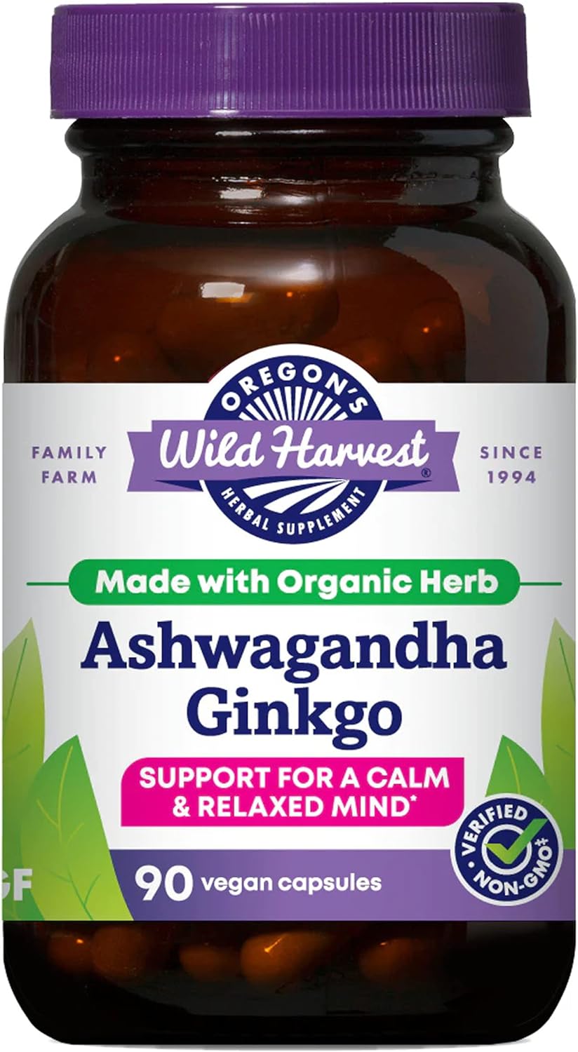 Oregon’s Wild Harvest Ashwagandha Ginkgo Organic Non-GMO Herbal Supplements Vegan Plant sourced Capsules | Support for Calm and Relaxed Mind, 90 Count