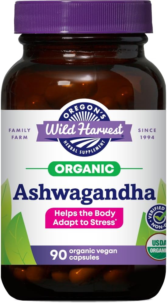 Oregon’s Wild Harvest Certified Organic Ashwagandha Herbal Vegan Capsules, 1200 MGS, 90 Count