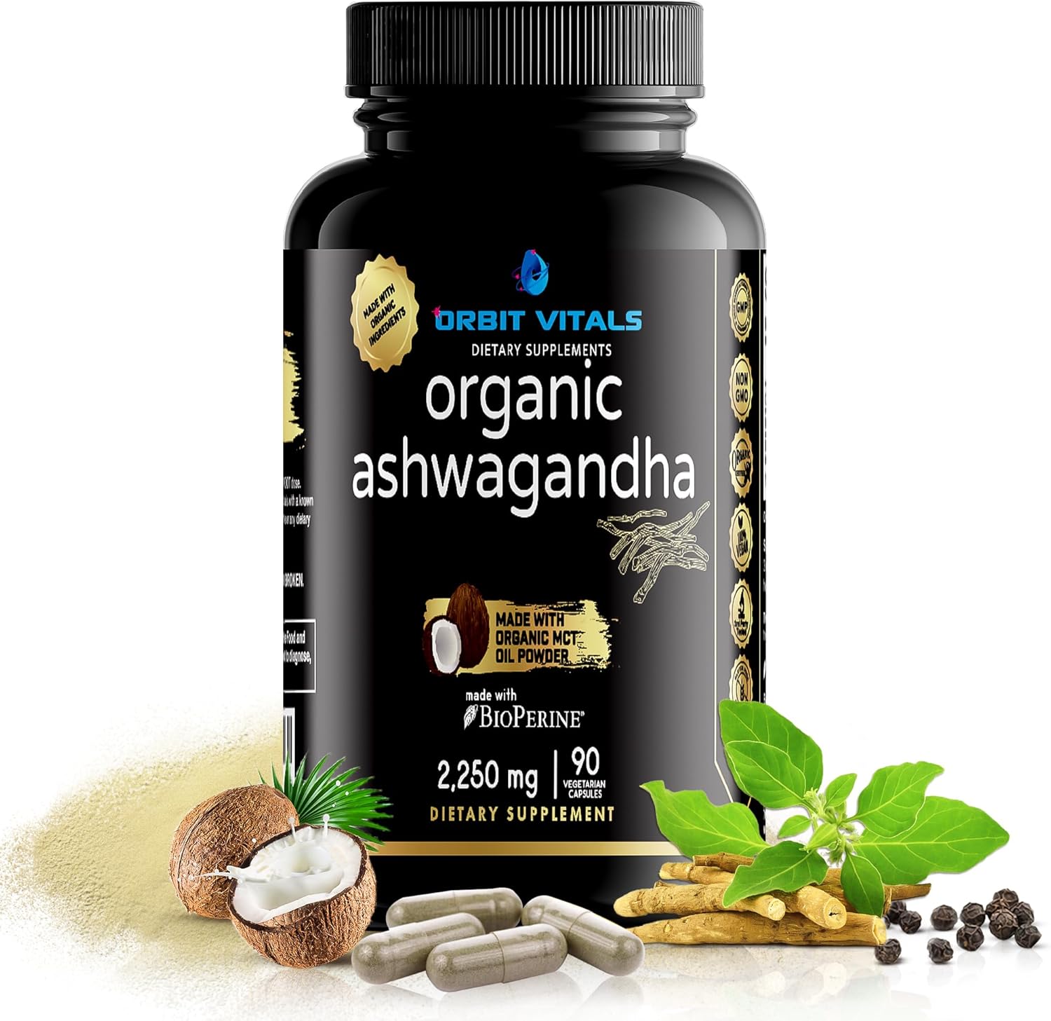 Organic Ashwagandha Root Powder Capsule Supplement, 2250 mg - High Organic Ashwagandha Root Powder Capsule Supplement, 2250 mg - High Potency Ashwagandha with MCT Oil Powder & Bioperine Black Pepper - Boost Energy, Support Balanced Mood & Cognitive Health - 90 Count