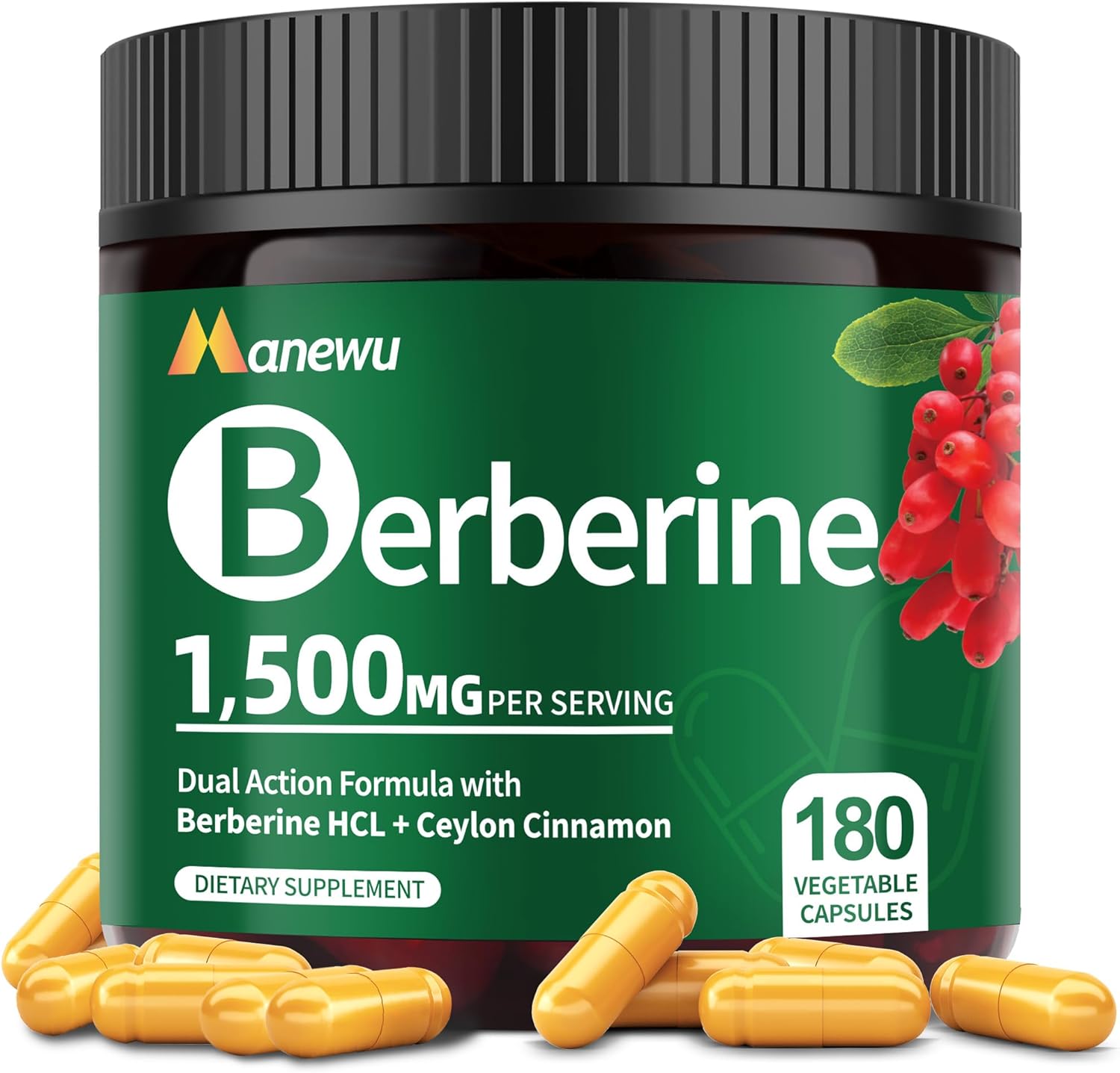 Organic Berberine HCL 1500mg Supplement with Ceylon Cinnamon & Citrus Bergamot – 180 Vegan Capsules for We*GHT* Health, Gut Health & Immune Support, Berberine Complex