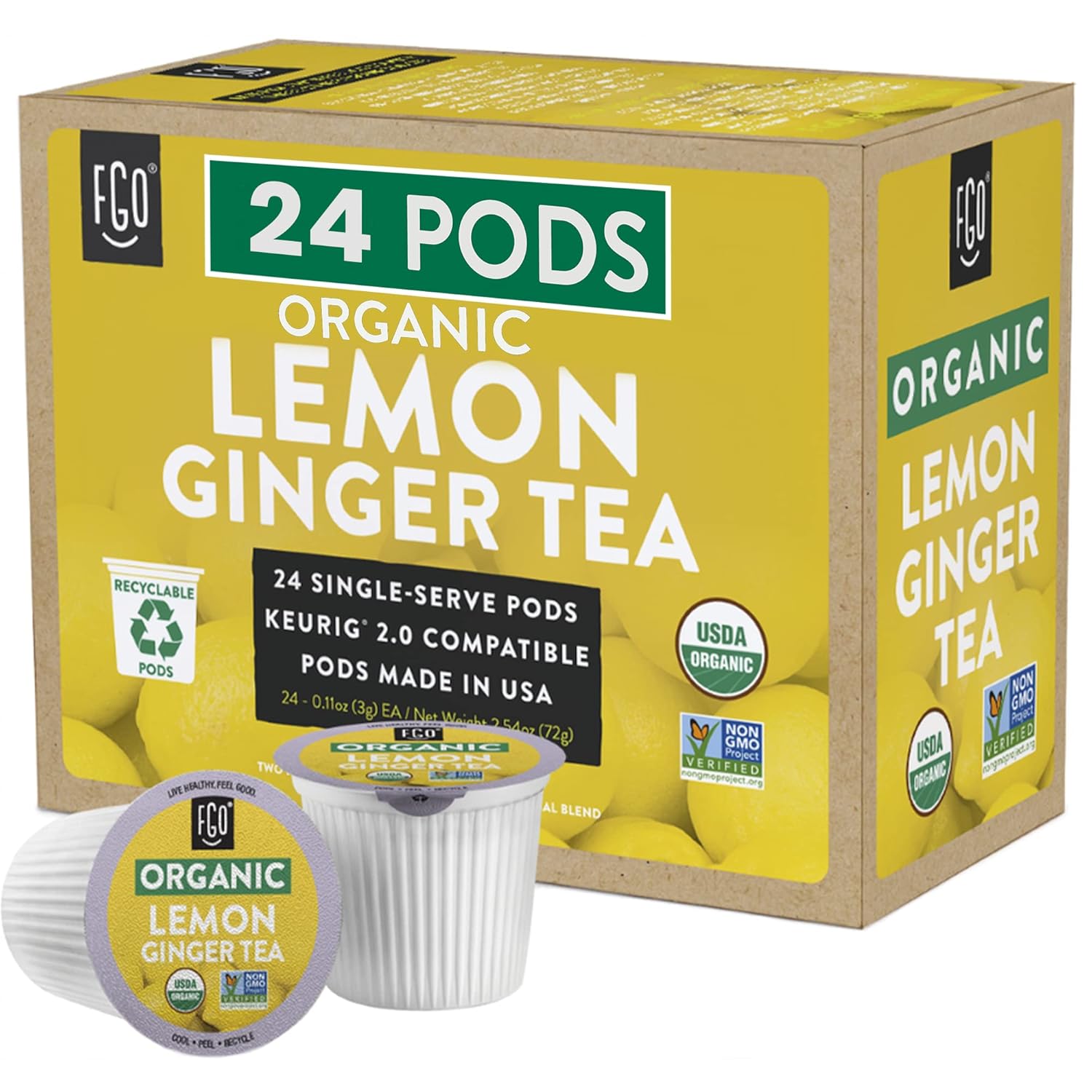 Organic Lemon GInger Tea K-Cup Pods, 24 Pods by FGO – Keurig Compatible – Naturally Caffeine-Free Herbal Tea, Premium Lemon Ginger Tea is USDA Organic, Non-GMO, & Recyclable