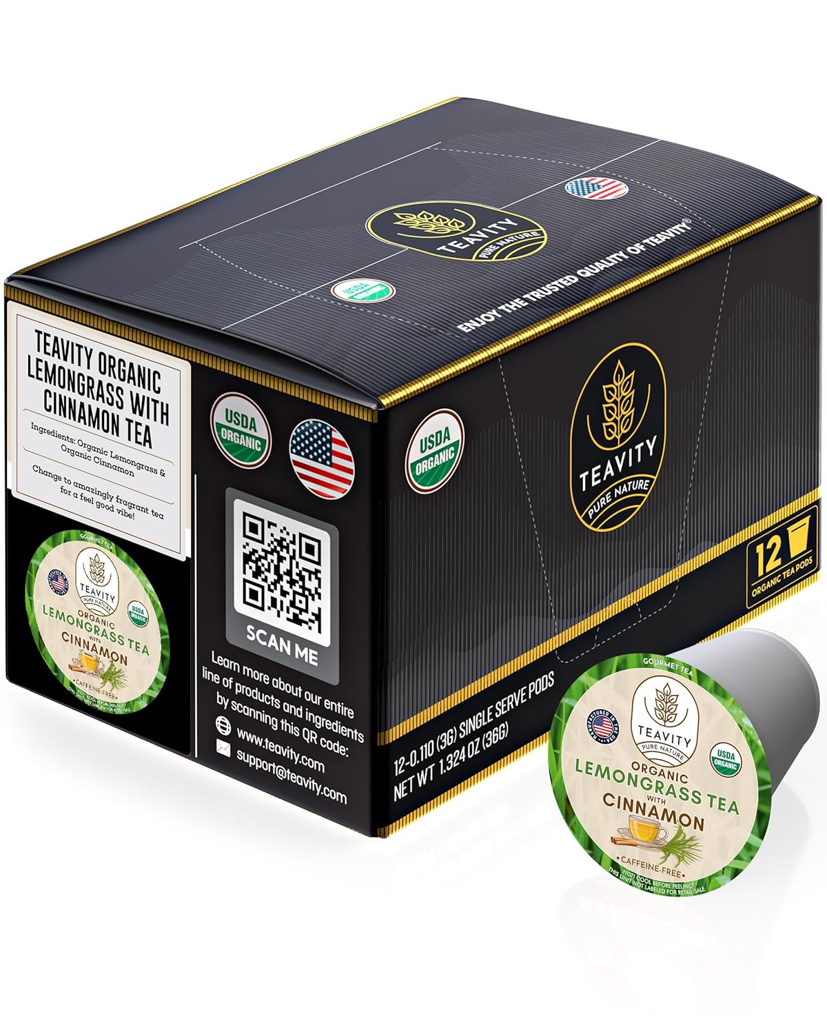 Organic Lemongrass and Cinnamon Tea Pods for Keurig – Naturally Decaffeinated Herbal Tea Blend by Teavity (12 Tea Pods)
