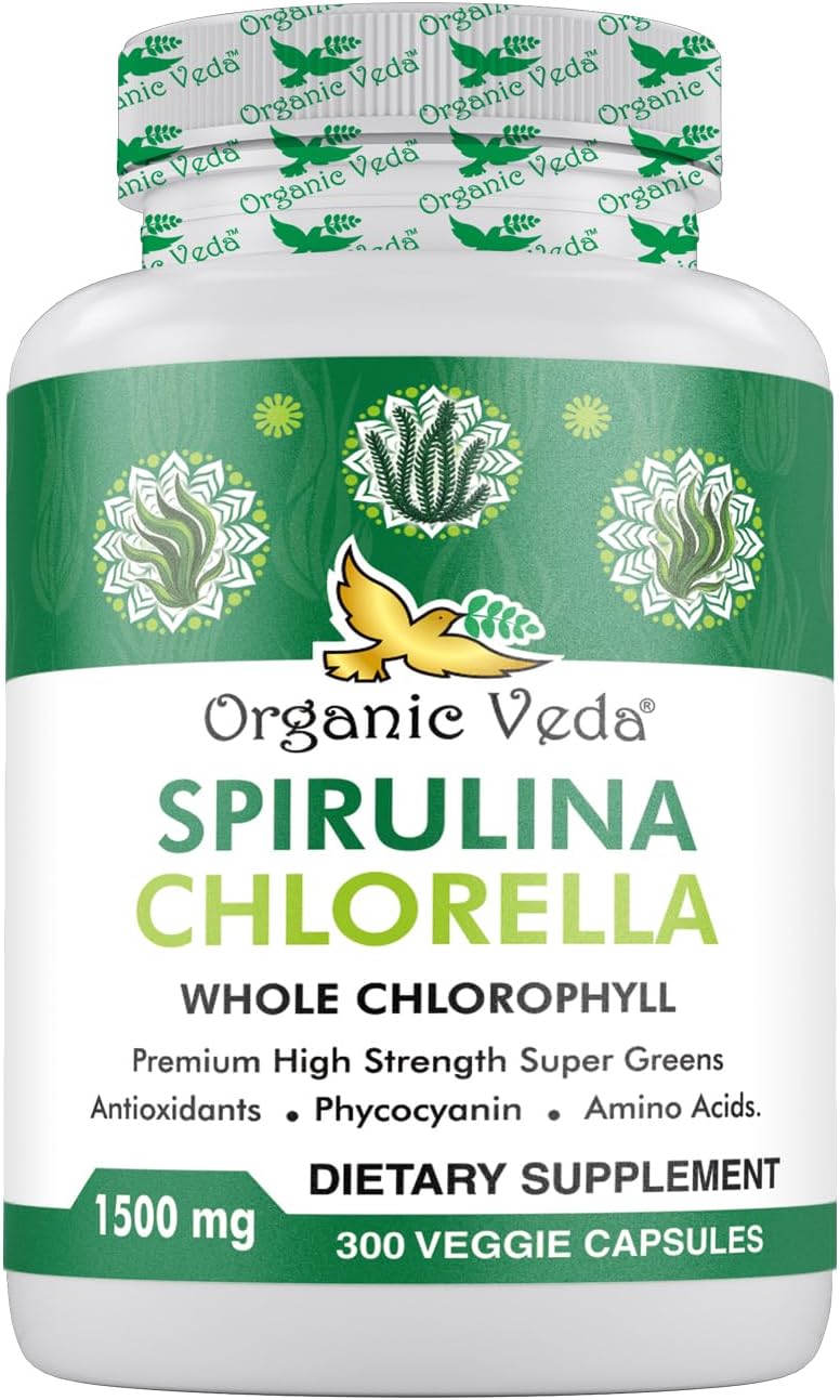 Organic Veda Spirulina & Chlorella Capsules, 1500mg, 300 Count – Spirulina Chlorella Capsules with Super Green Antioxidants, Phycocyanin, Amino Acid – Boost Immunity, Energy, Support Digestion
