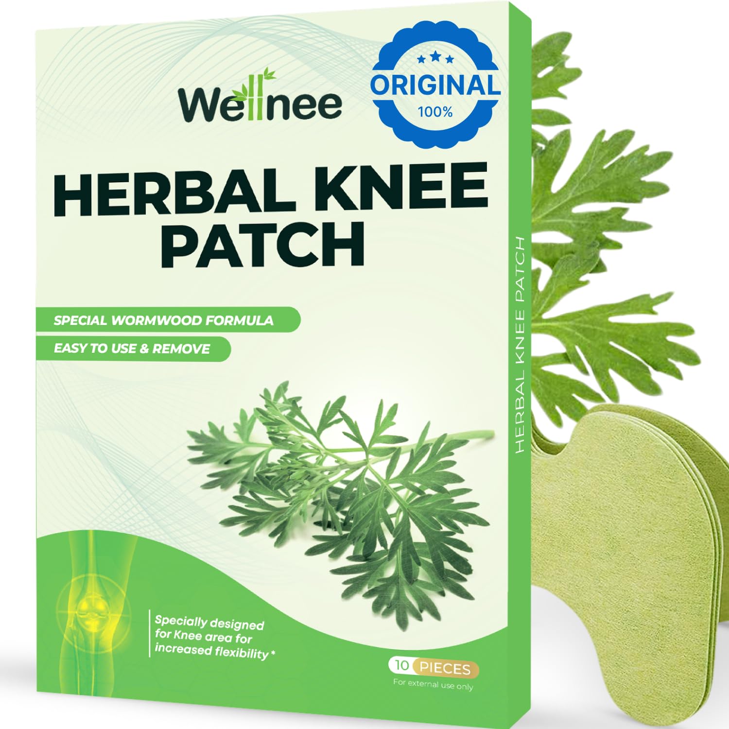 Original Herbal Knee Patch – Wellknee Plaster for Knee Support & Muscle Pain – Maximum Strength for a Temporary Relief – Adhesive Heat Patches Made with Natural Herbs for Wellness (10 Pads)