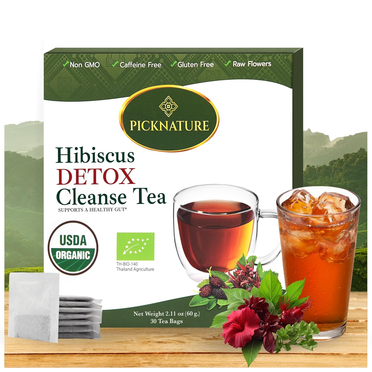 PICKNATURE Hibiscus Detox Cleanse Tea Freshly Picked from Thailand | 30 tea bags (100+ Cups) | Herbal Tea Gifts | USDA Organic