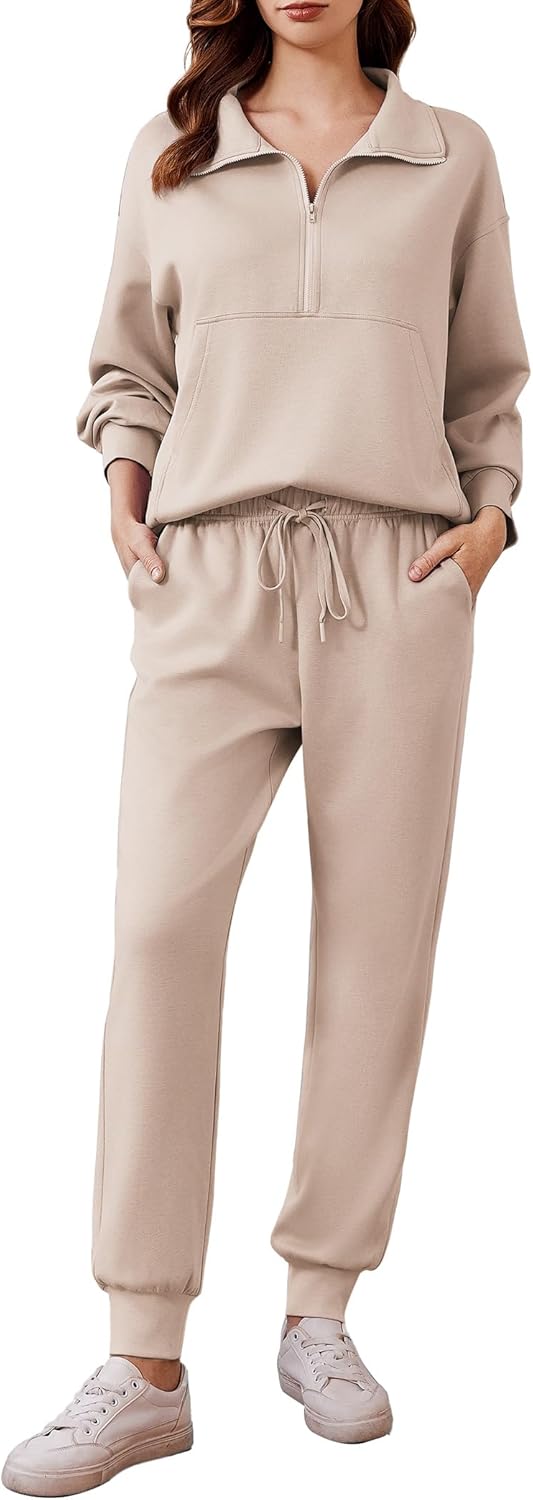 PINSPARK 2 Piece Sets for Women 2024 Fall Travel Outfits Long Sleeve Tracksuit Joggers Sets Half Zip Sweatsuit Matching Set