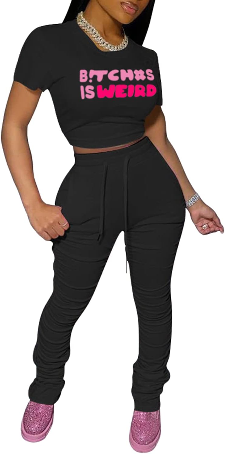 PINSV Women’s 2 Piece Outfits Bodycon Lounge Wear Crop Top Stacked Pants Going Out Jogging Tracksuit Sets