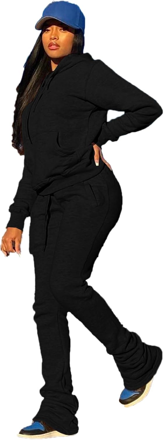 PINSV Women’s Sweatsuits Sets 2 Piece Outfits Drawstring Hoodies Stacked Jogger Sweatpants Tracksuits Casual Set