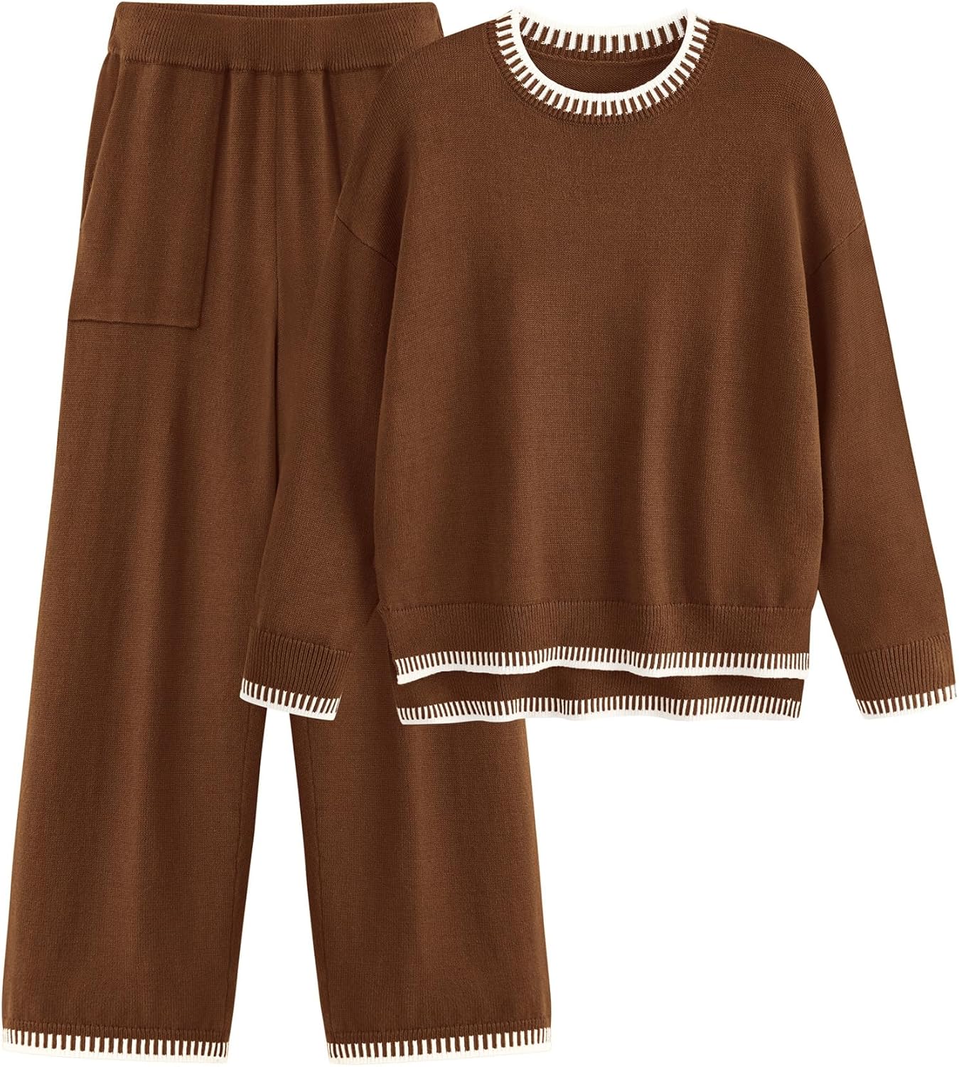 PRETTYGARDEN Women’s 2 Piece Knit Sweater Outfit Casual Long Sleeve Pullover Wide Leg Pants Tracksuit Loungewear Set