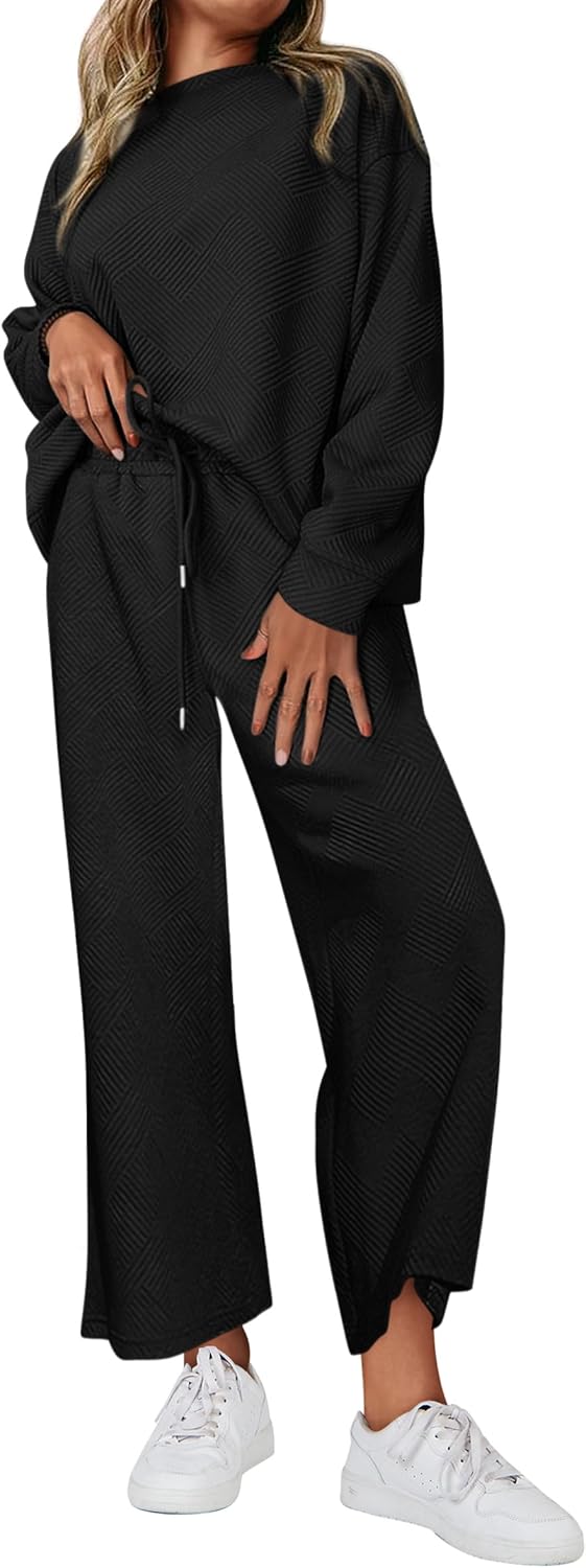 PRETTYGARDEN Women’s 2 Piece Outfits Fall Casual Long Sleeve Pullover Tops and Wide Leg Pants Knitted Lounge Sets