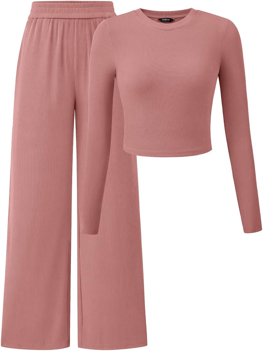PRETTYGARDEN Women’s 2 Piece Outfits Long Sleeve Bodycon Knit Crop Tops Wide Leg Pants Casual Tracksuit Lounge Matching Sets