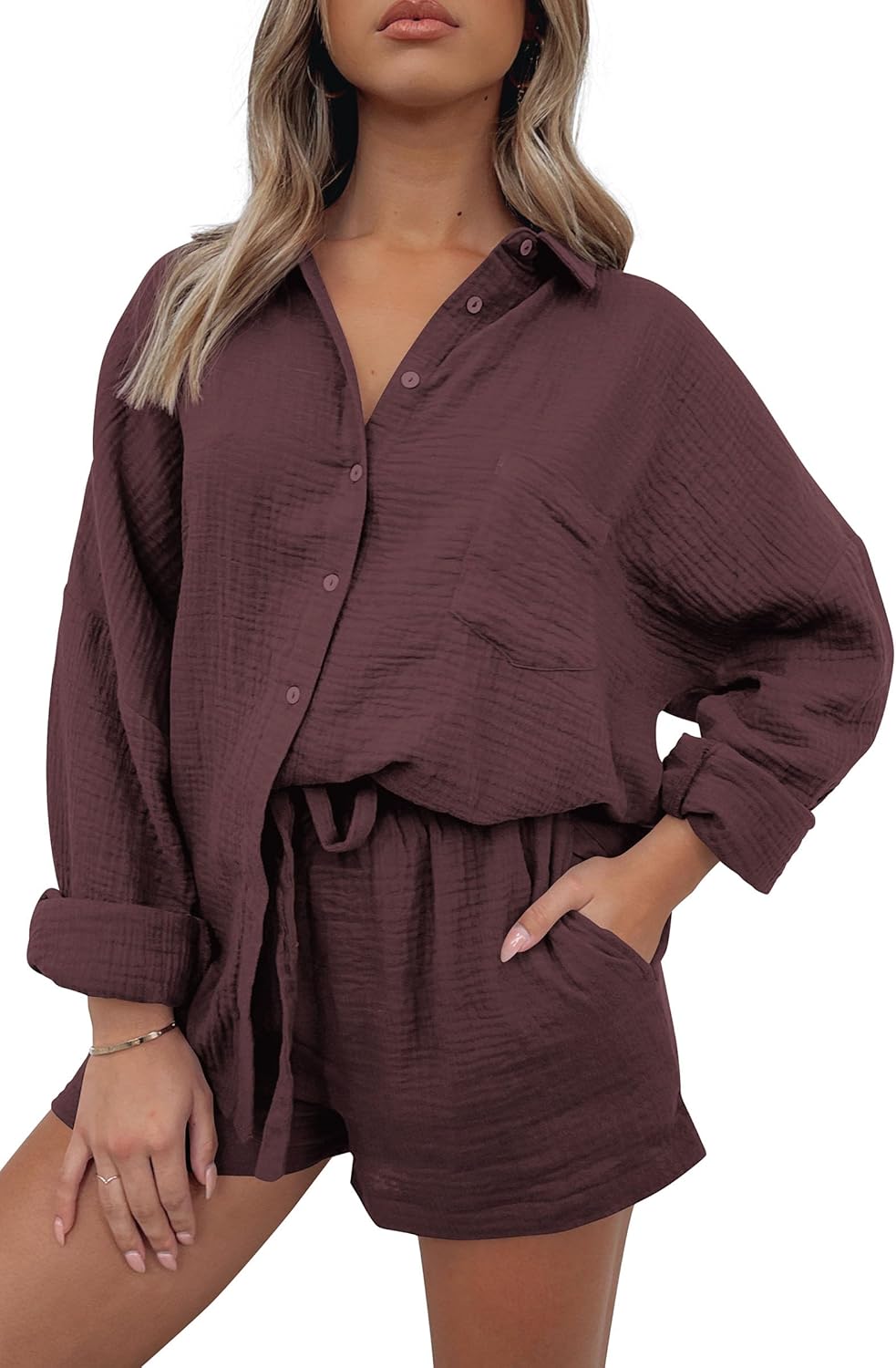 PRETTYGARDEN Women’s 2 Piece Tracksuit Outfit Long Sleeve Blouse High Waisted Drawstring Shorts Loungewear Set