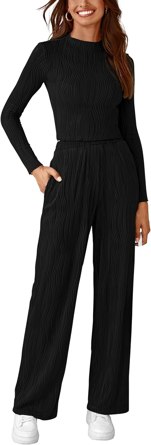 PRETTYGARDEN Women’s Fall 2 Piece Outfits 2024 Casual Long Sleeve Crewneck Crop Top Wide Leg Pant Textured Lounge Sets