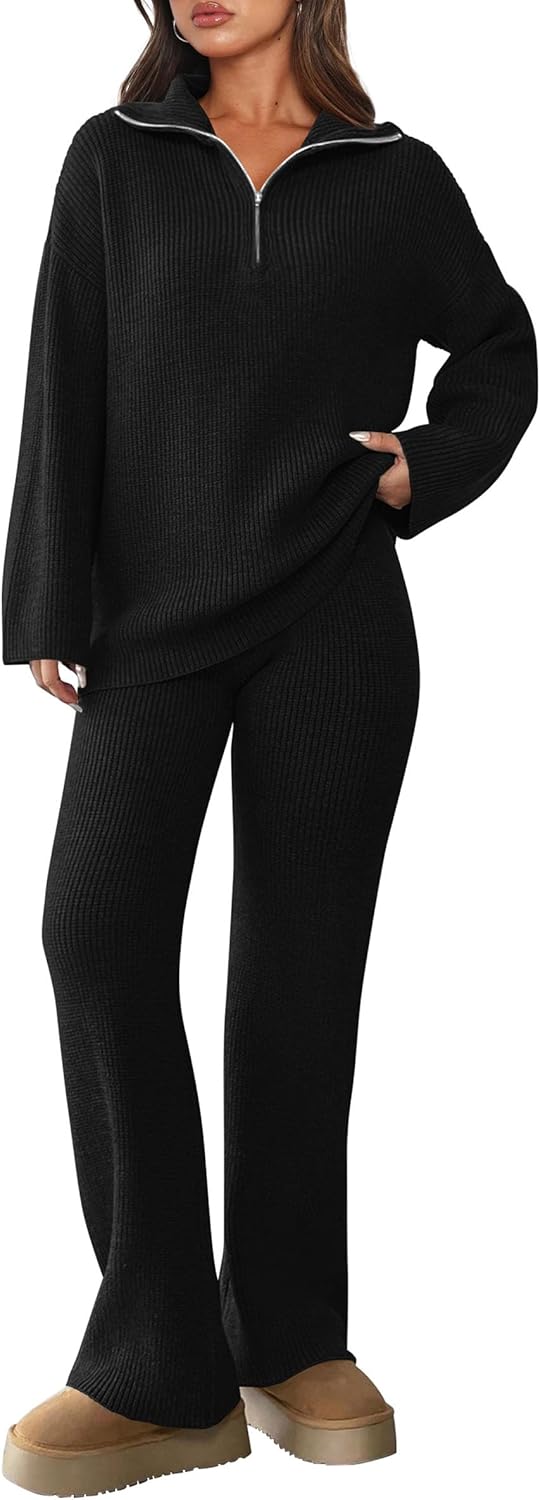 PRETTYGARDEN Womens Winter 2 Piece Sweater Set Long Sleeve Quarter Zip Sweatshirt Wide Leg Pants Fall Outfits Tracksuit