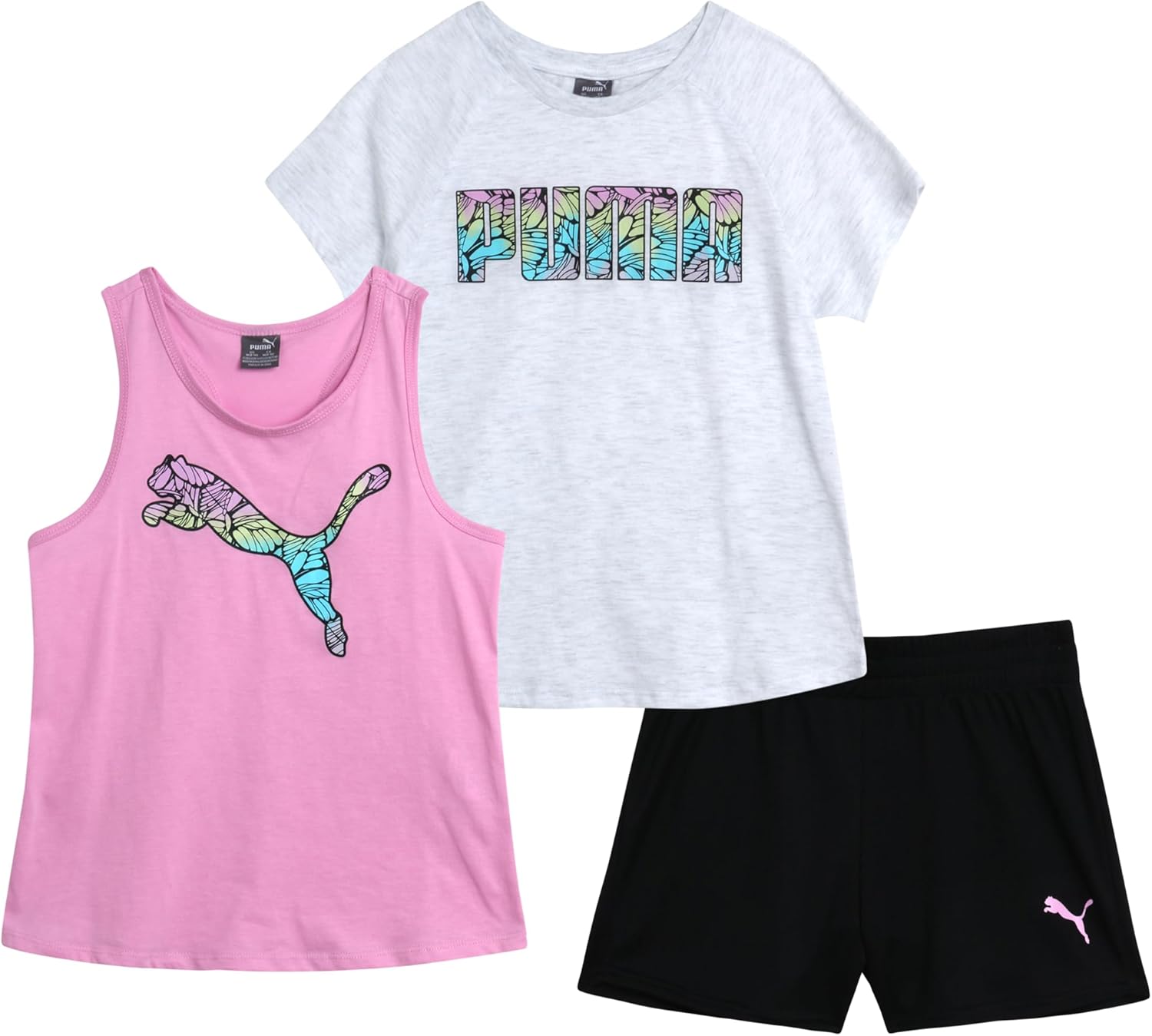 PUMA Girls’ Active Shorts Set – 3 Piece Performance T-Shirt, Tank Top, Gym Shorts – Summer Athletic Outfit for Girls (S-L)