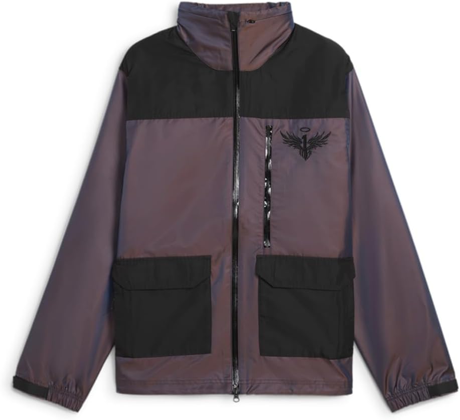 PUMA Mens Iridescent Woven Jacket X Melo Athletic Outerwear Casual Full Zip Hood – Purple