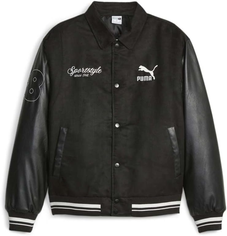 PUMA Mens Team Varsity Snap-Button Up Jacket Athletic Outerwear Casual Button Up – Black