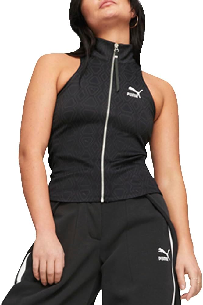 PUMA Womens Luxe Sport T7 Knitted Full-Zip Mock Neck Athletic Tank Athletic Tops Casual – Black