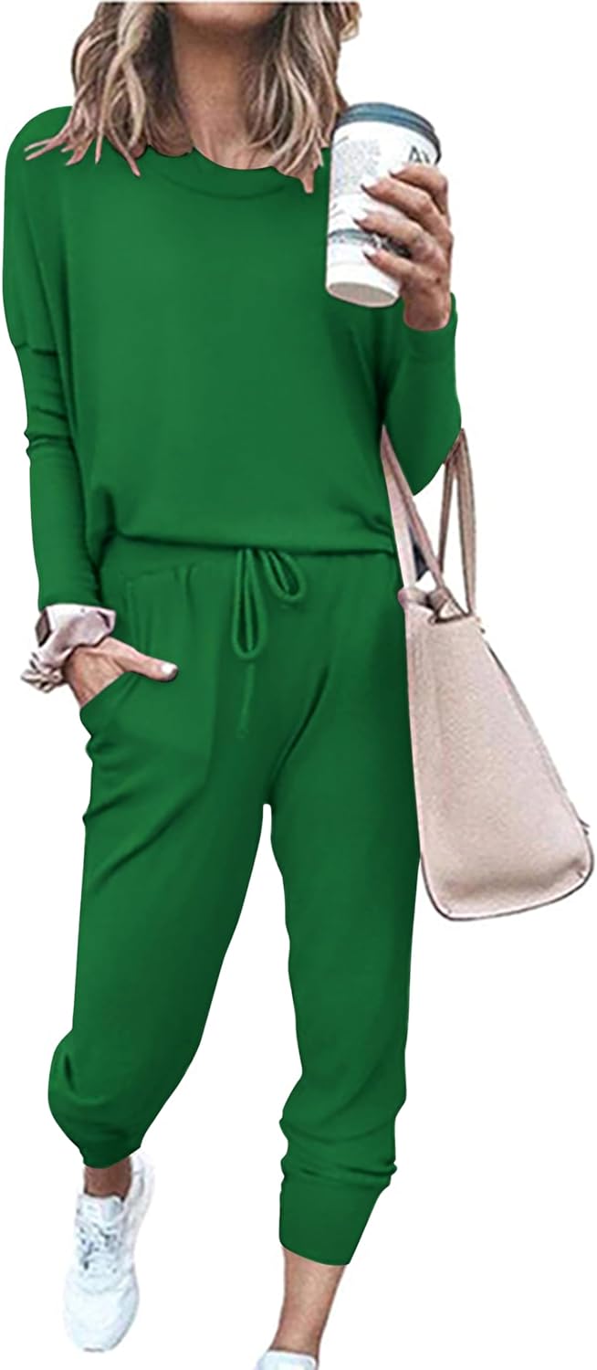 Paintcolors Women’s 2 Piece Outfit Long Sleeve Crewneck Tracksuit Solid Color Sweatsuit Lounge Matching Set with Pockets
