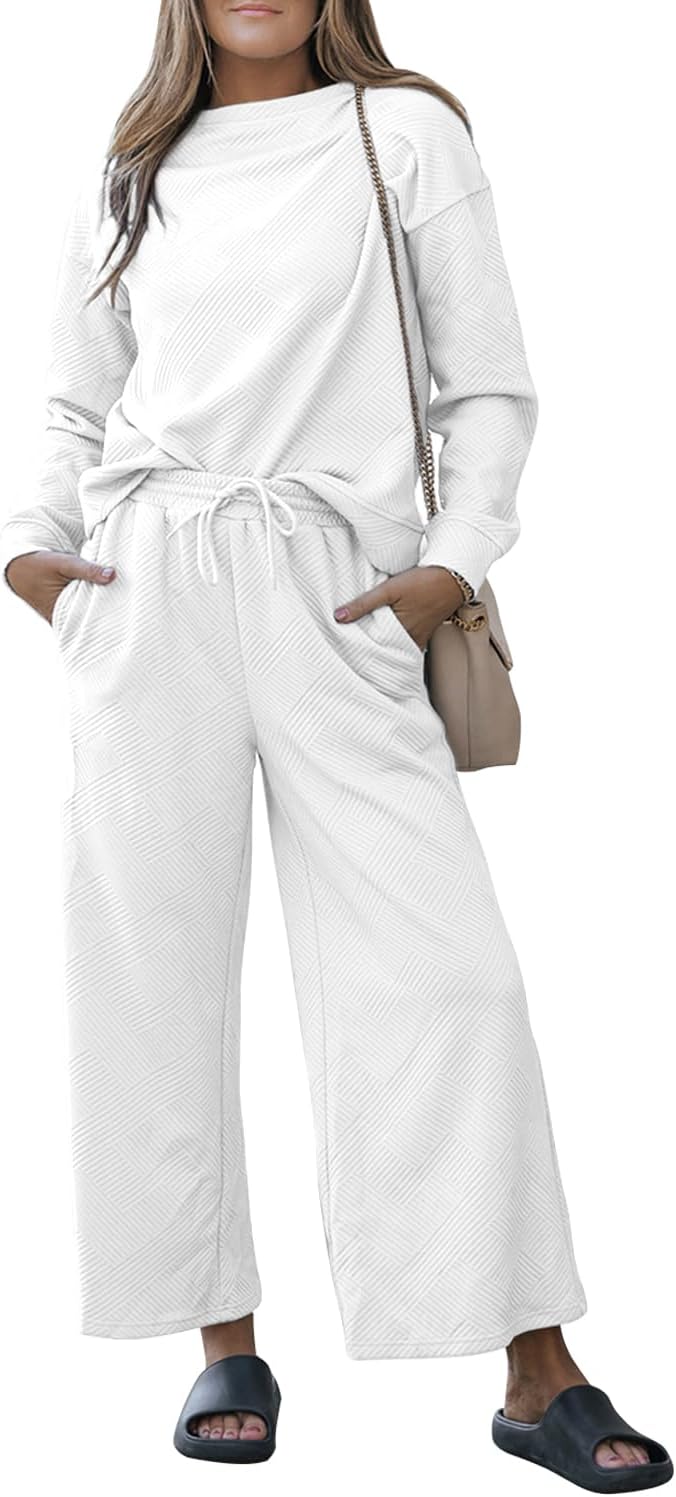 Paintcolors Women’s Two Piece Long Sleeve Crewneck Fall Pullover Solid Sweatsuit Wide Leg Sweatpants Lounge Set with Pockets