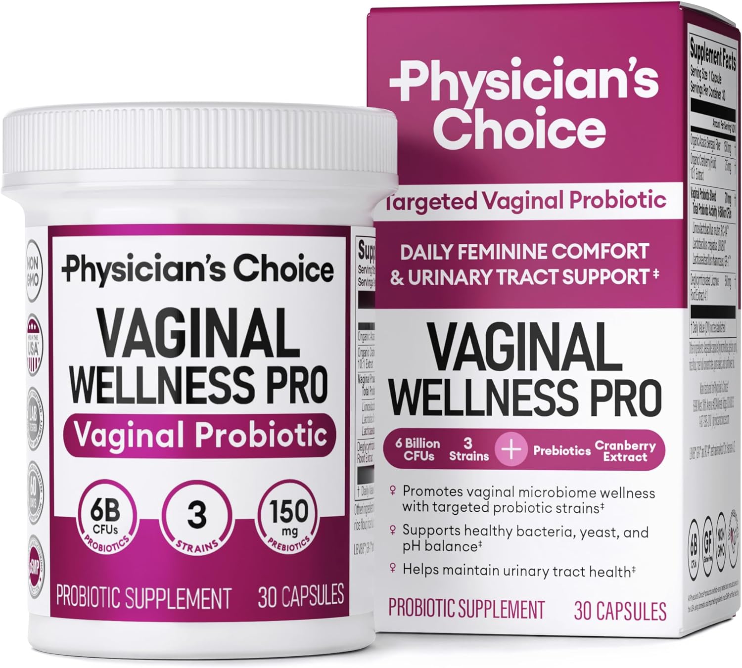 Physician’s CHOICE Vaginal Probiotics for Women – Unique with Licorice Root – PH Balance, Odor Control, Yeast, Vaginal Microbiome & Feminine Health – 6B CFU – Organic Prebiotic, Cranberry – 30 CT