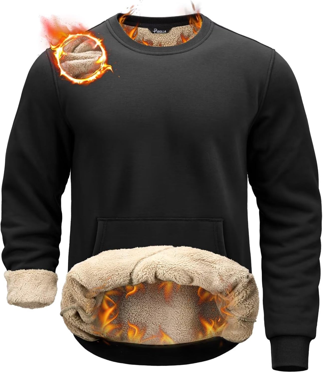 Pudolla Men’s Sherpa Lined Sweatshirts Warm Soft Crewneck Sweatshirts Heavyweight Winter Pullover Kangaroo with Pouch Pocket