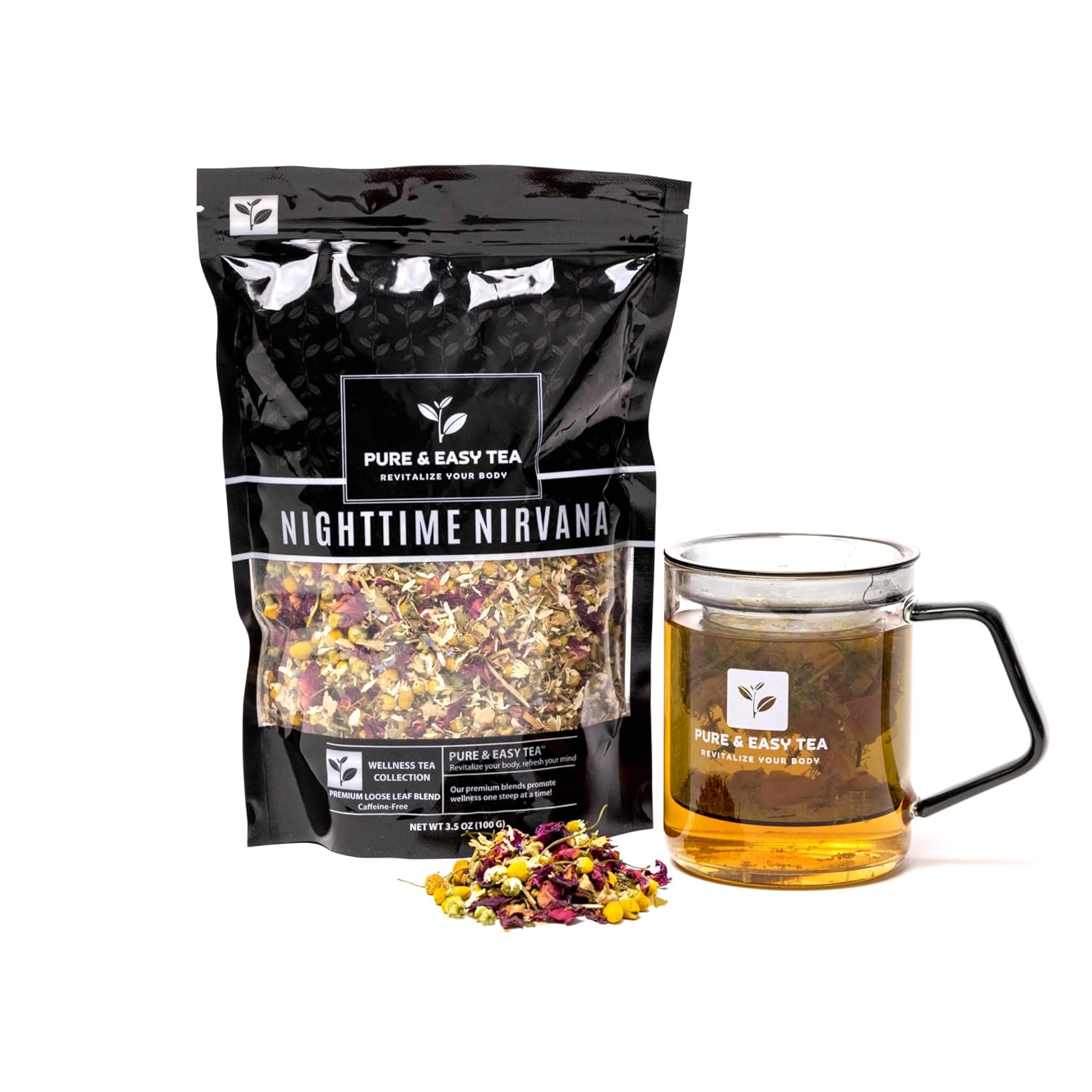 Pure And Easy Tea, Nighttime Nirvana, Sleep and Stress Tea, Pure And Easy Tea, Nighttime Nirvana, Sleep and Stress Tea, Supports Calmness and Relaxation, Herbal Infusion, Wellness Tea, Caffeine-Free, Loose Leaf Tea Blend, 100g/3.5oz