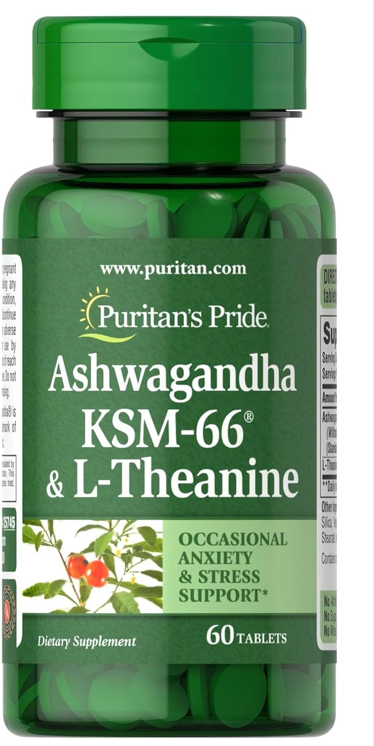 Puritan’s Pride Ashwangandha KSM66 & L-Theanine, Helps Relieve occassional Stress and Anxiety, 60 Count, White