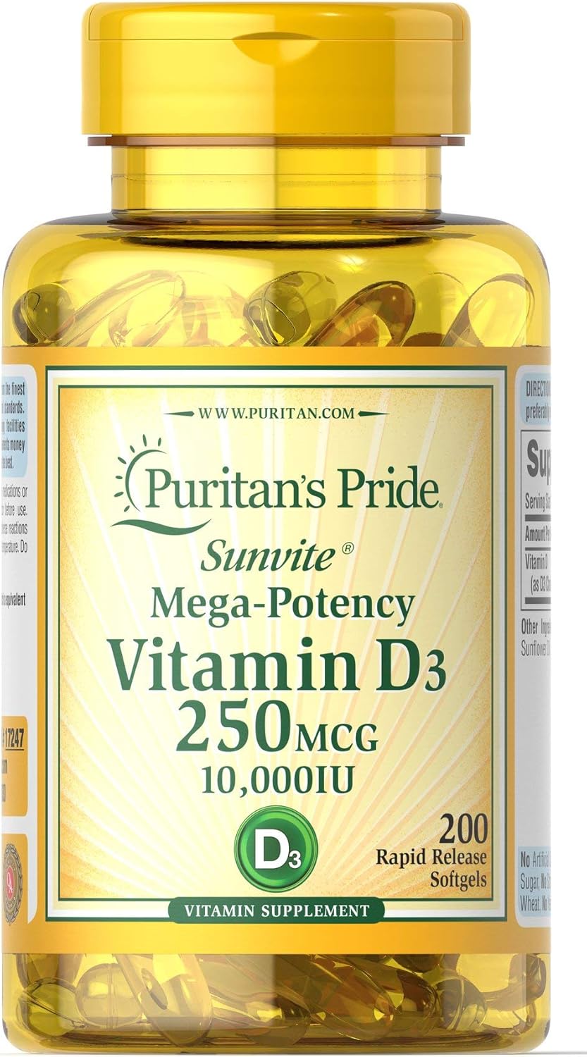 Puritan’s Pride Vitamin D3 250 mcg (10,000 IU)-200 Softgels, White