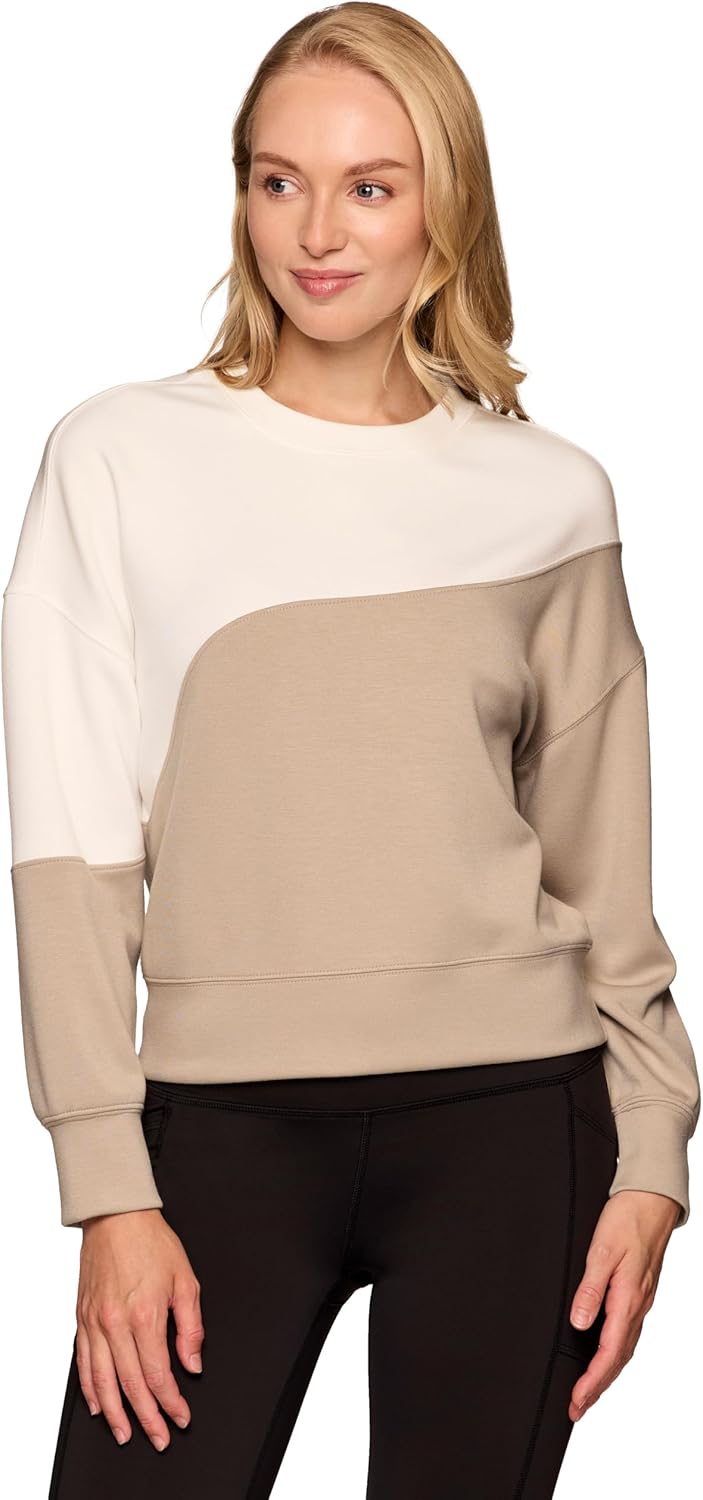 RBX Activewear Scuba Sweatshirt for Women, Colorblock Crewneck Sweater Ultra Soft Lightweight Long Sleeve Pullover Top