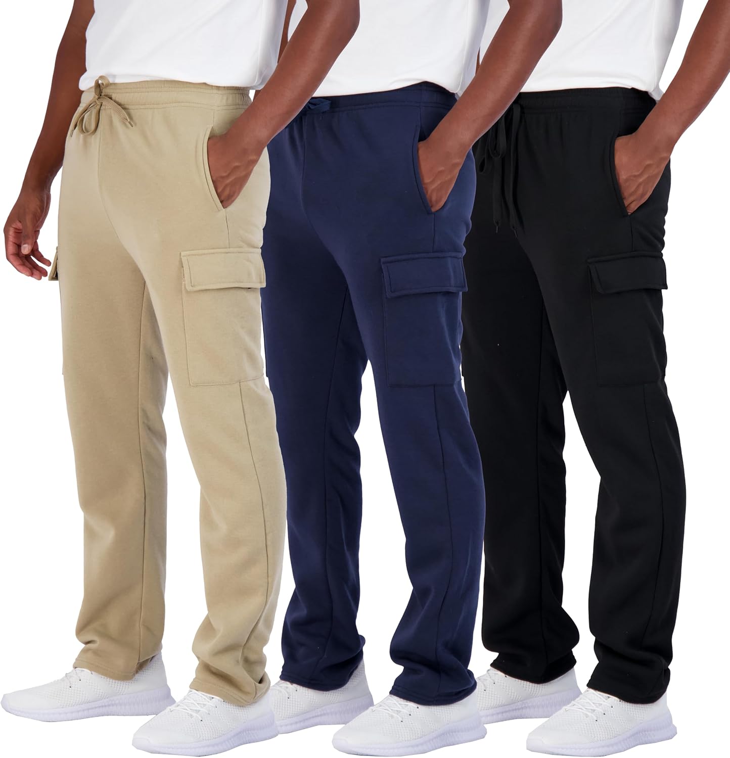 Real Essentials 3 Pack: Men’s Tech Fleece Open Bottom Cargo Sweatpants with Pockets (Available in Big & Tall)