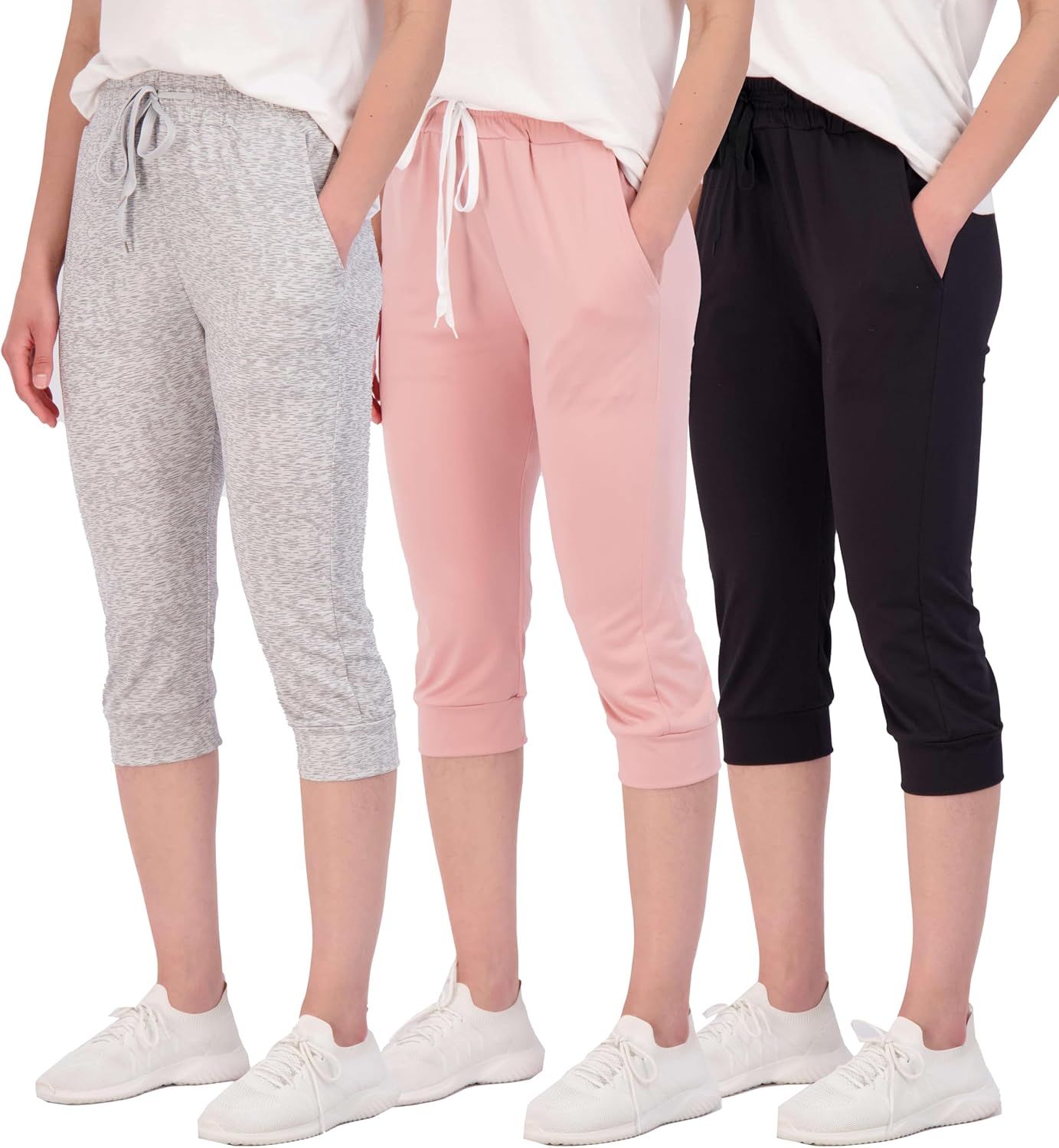 Real Essentials 3-Pack: Women’s Capri Joggers Cuffed Athletic Casual Soft Sweatpants with Pockets (Available in Plus Size)