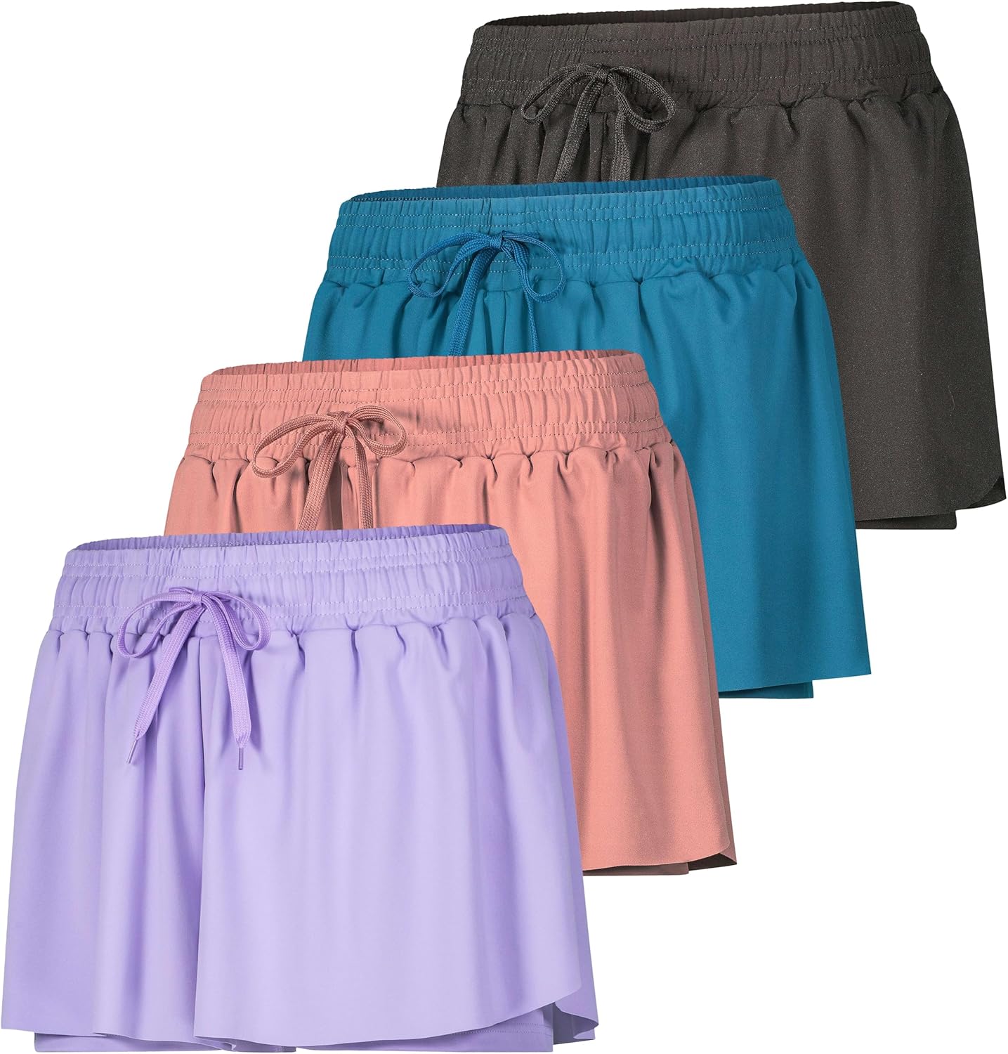 Real Essentials 4 Pack: Womens Flowy Dry Fit Running Short – Gym Yoga Workout Summer Shorts (Available in Plus Size)