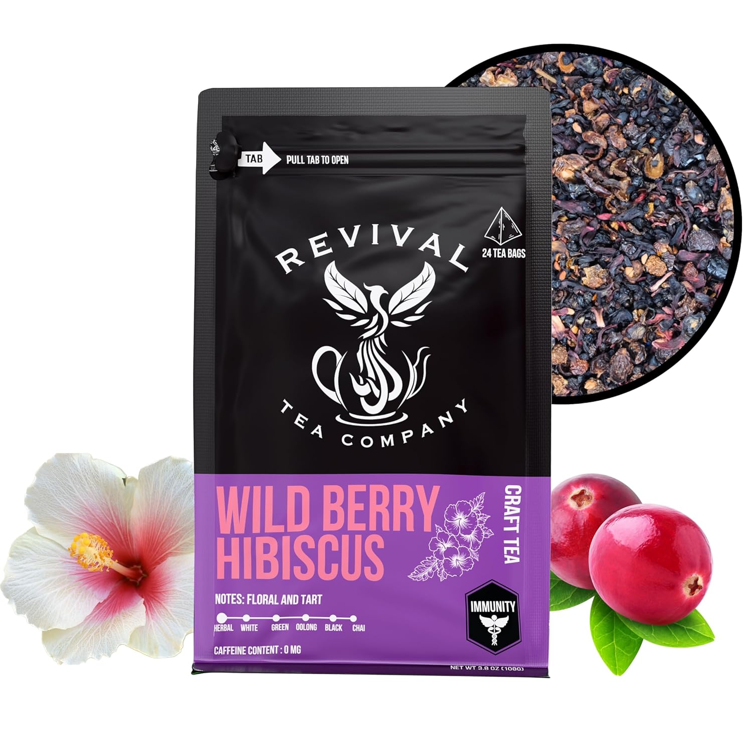 Revival Tea Company Wild Berry Hibiscus Tea – Herbal Tea Blend with Elderberry and Natural Wild Berry Flavor – Caffeine Free – 24 Tea Bags