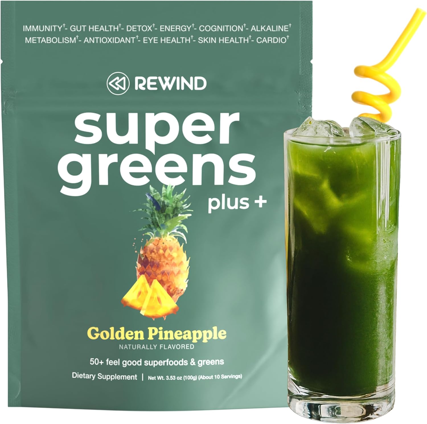 Rewind Greens Plus+ Super Greens Powder – Over 50 Superfoods and Greens – Delicious Powder Greens for The Whole Family – 10 Servings – Golden Pineapple